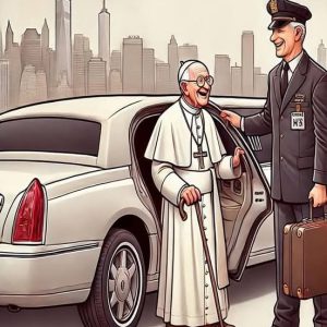 An elderly Pope arrives in New York and is picked up at the airport by a limousine An elderly Pope arrives in New York and is picked up at the airport by a limousine