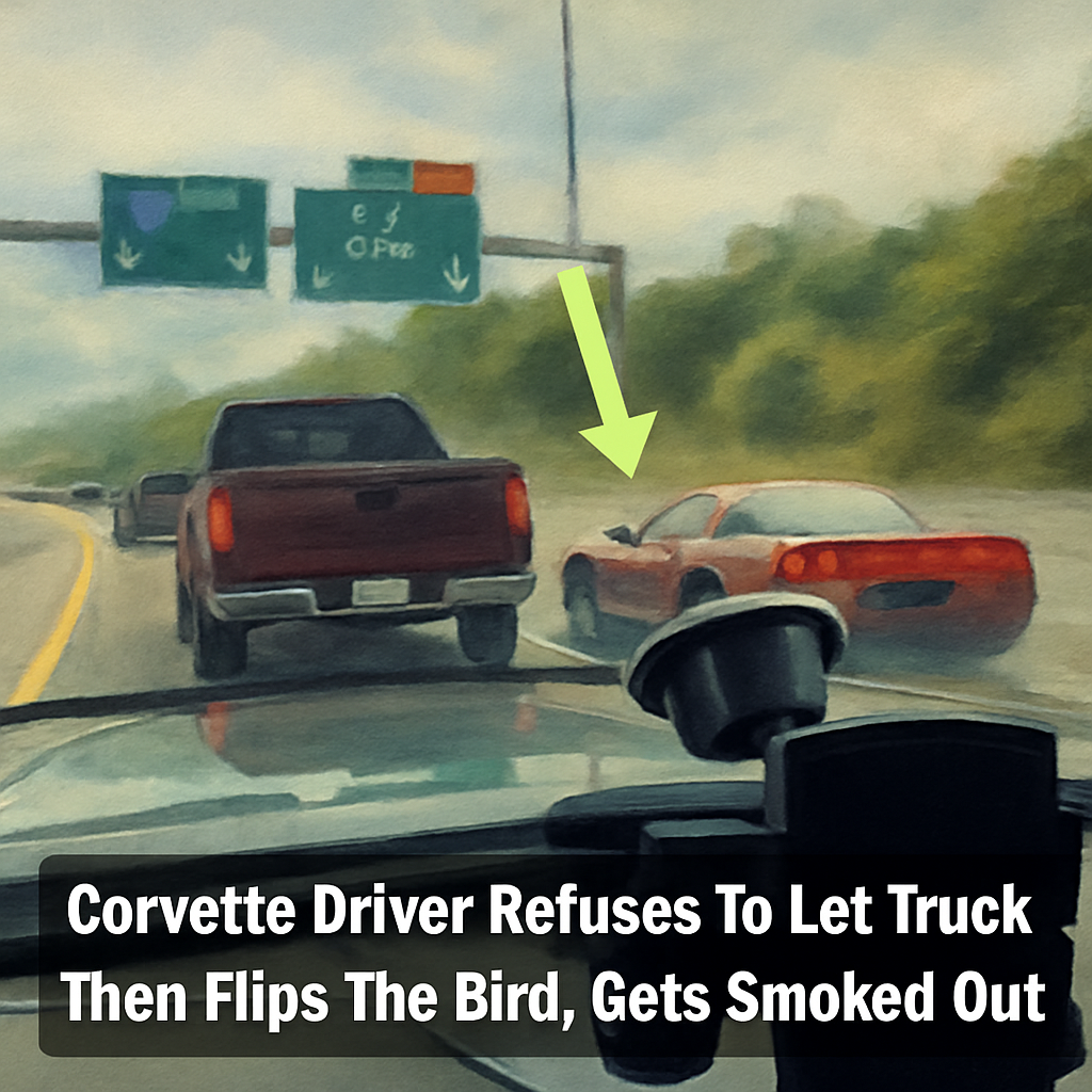 Corvette Driver Tries to Block Truck — Ends Up Covered in Black Smoke