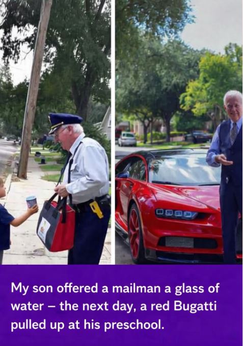 My 5-Year-Old Offered a Mailman a Glass of Water… The Next Day, a Red Bugatti Appeared