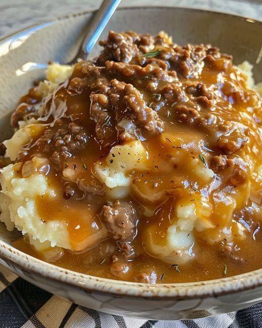 Homestyle Mashed Potatoes with Rich Beef Gravy